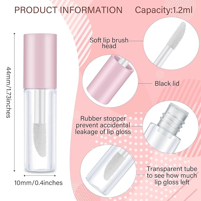 Patelai 100 Pieces 1.2 ml Clear Mini Lip Gloss Tube Refillable Empty Lip Balm Gloss Containers for DIY Makeup, Pink