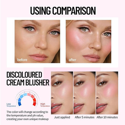 Color Changing Blush Jelly Cream PH Temperature Change Magic Gloss Blusher for Cheek Eye and Lip Longlasting Blendable Moisturizing Shimmer Dewy Glow Finish Blush Tinted Palette Makeup