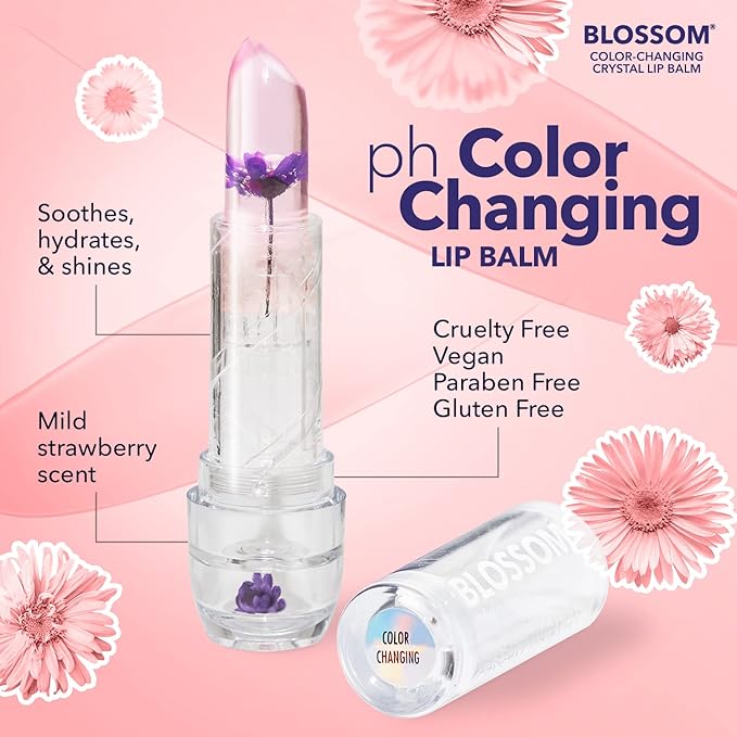 Blossom Moisturizing Scented pH Color Changing Crystal Lip Balm Strawberry Scented Lip Stain Tint, Mini Coconut Rollon Scented Lip Gloss, Infused with Real Flowers, 2 pk, Coconut/Purple