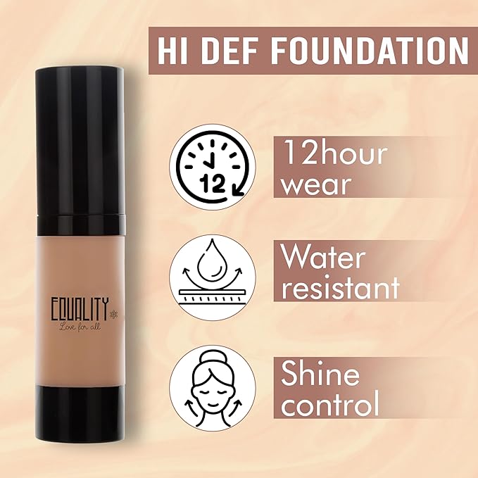 EQUALITY HI-DEF Foundation, Water resistant, Medium to Full coverage, Dewy finish non-matt, 12 hour wear Shine control, Cruelty Free, Paraben Free, 18ml/0.61 US Fl Oz - C8
