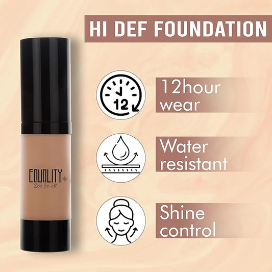 EQUALITY HI-DEF Foundation, Water resistant, Medium to Full coverage, Dewy finish non-matt, 12 hour wear Shine control, Cruelty Free, Paraben Free, 18ml/0.61 US Fl Oz - C8