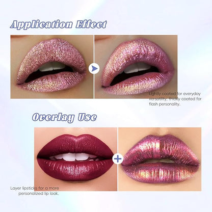 Hot Pink Glitter Lip Gloss Liquid Lipstick, Diamond Shimmer Metallic Sparkly Iridescent Chameleon Lip Gloss Gift for Women, Long Lasting Waterproof Highly Pigment Holographic Lip Makeup05