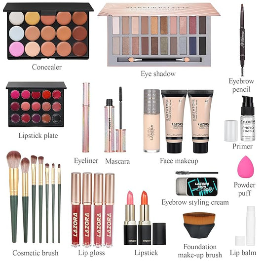 Makeup Kit Full Multi-Purpose Beauty Set Festive Gift Box - Highly Pigmented Palette Combination Lips Facial Brows Eye Brush for Essential Starter - Full Makeup Kit for Women