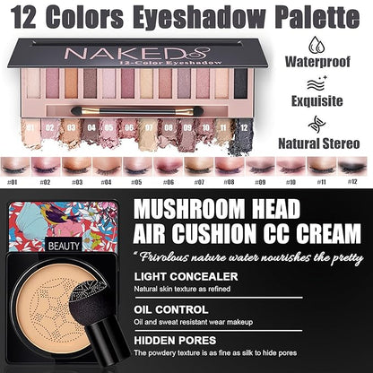All in One Makeup Kit,Includes Naked Eyeshadow,Liquid Foundation,CC Cream,Lipstick Set,Mascara,Makeup Brush,Makeup Sponge,Eyebrow Powder,Eyebrow Soap,Eyeliner Stamp, Primer,Contour Stick,Cosmetic Bag