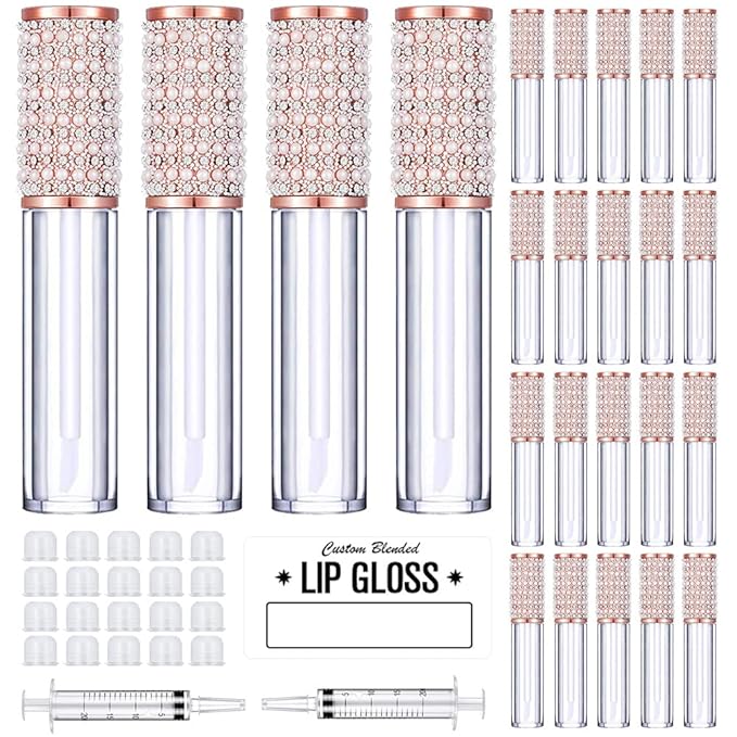 AMORIX 24 Pack Lip Gloss Tubes with Wand 5ml Empty Rhinestone Lip Gloss Containers Cute Lipgloss Bottles Lip Gloss Supplies Kit + 2pcs Syringes + Labels for DIY Lip Gloss Base