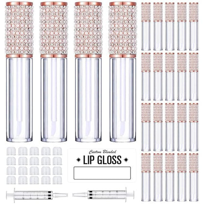 AMORIX 24 Pack Lip Gloss Tubes with Wand 5ml Empty Rhinestone Lip Gloss Containers Cute Lipgloss Bottles Lip Gloss Supplies Kit + 2pcs Syringes + Labels for DIY Lip Gloss Base