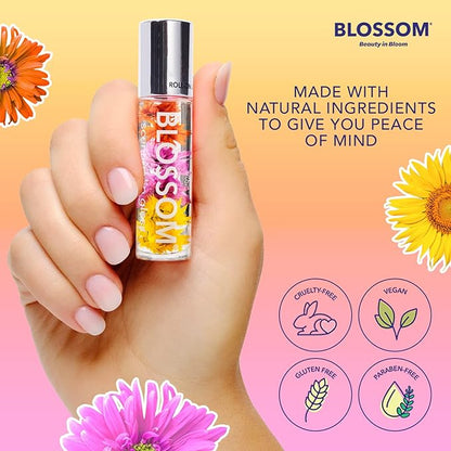 Blossom Roll on Lip Gloss, Scented Clear High Shine Moisturizing Lip Oil, Non Sticky, Infused with Real Flowers, Made in USA, 0.2oz, Mango