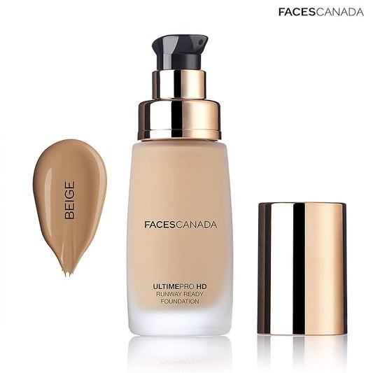 Faces Canada HD Runway Ready Foundation, Red Orange Extract & Gold particles, High Coverage, Oil-Free, Flawless Radiance, Vegan & Cruelty Free, Paraben Free, Beige 03 (Beige), 1.01 Fl Oz
