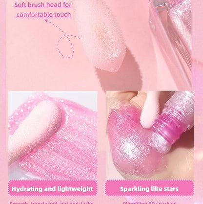 Cosmetics Color Changing Lip Oil, Magic Big Brush Color Changing Lip Oil,Plumping Lip Gloss Hydrating Lip Care Non-sticky Big Brush Head Korean Lip Tint Primer Glitter Shine Lipgloss (GLITTER)
