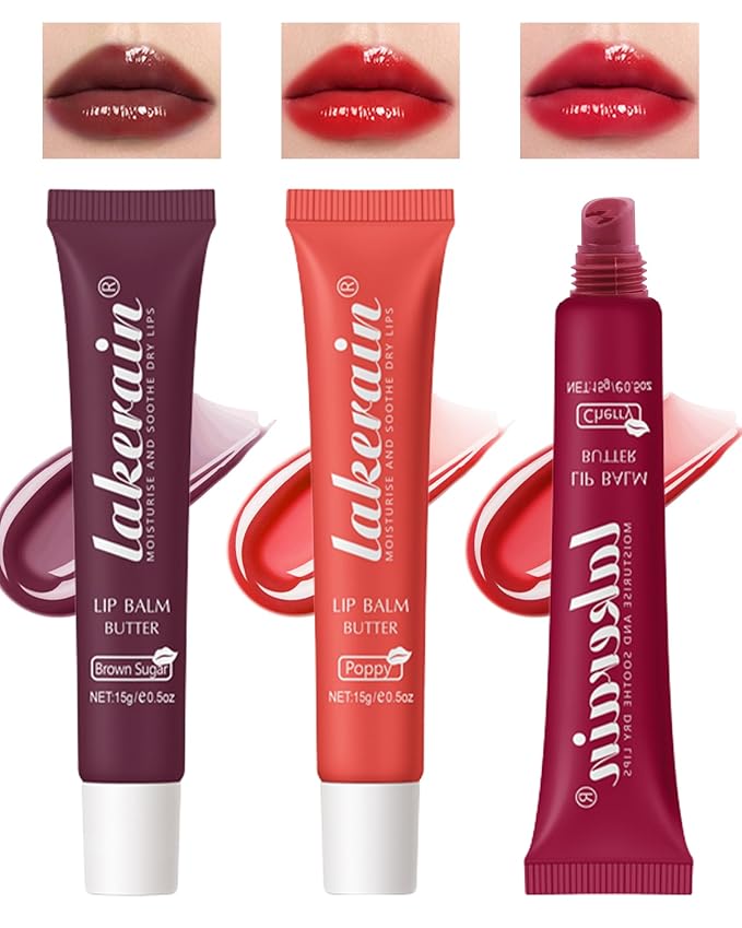 Tinted Lip Butter Balm-3 Colors Vanilla Beige Brown Poppy Pink Sugar Lip Gloss,Yummy Lip Stain Long Lasting, Hydrating Non-Stick Glow Reviver Lip Care Oil,Women's Day Makeup Gift for Women-Set B