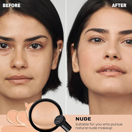 Mushroom Head Air Cushion CC Cream - Long-Lasting & Brightening Color Changing Foundation for Older Women, Waterproof & Moisturizing Full Coverage for Mature Skin (Nude)