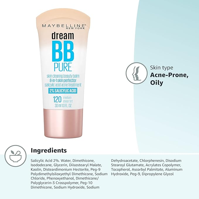 Maybelline Dream Pure Skin Clearing BB Cream, 8-in-1 Skin Perfecting Beauty Balm With 2% Salicylic Acid, Sheer Tint Coverage, Oil-Free, Medium, 1 Count (Pack of 2)
