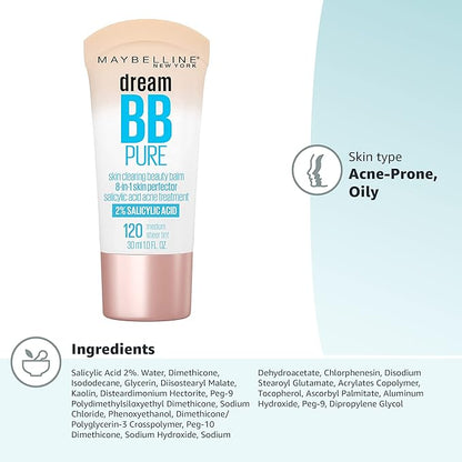 Maybelline Dream Pure Skin Clearing BB Cream, 8-in-1 Skin Perfecting Beauty Balm With 2% Salicylic Acid, Sheer Tint Coverage, Oil-Free, Medium, 1 Count (Pack of 2)