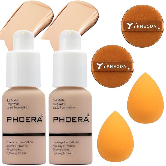 Foundation Set, 2Pcs Flawless Foundation and Makeup Spong Set for Natural Look, Waterproof, Medium Coverage, Matte Finish, Oil-Control, Odorless, Super Stay Up to 12 Hour (#102, Nude)