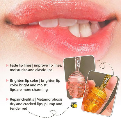 2 PCS Moisturizing Honey Pot Lip Oil Lip Gloss, Natural Honey Sleeping Lip Mask, Lip Balm, Hydrating & Prevention Dry & Cracked Lip Scrubs Exfoliator, Winter Lip Care Products(Peach+Honey)