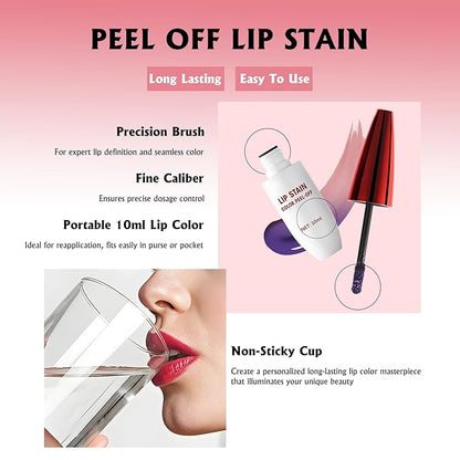 Peel Off Lip Stain, Hot Pink Lip Stain Peel Off Long Lasting Waterproof Lip Tint Stain Peel Off Matte Finish Pigmented Lip Liner Stain Tattoo Color Non-Stick Cup Liquid Lip Gloss Makeup
