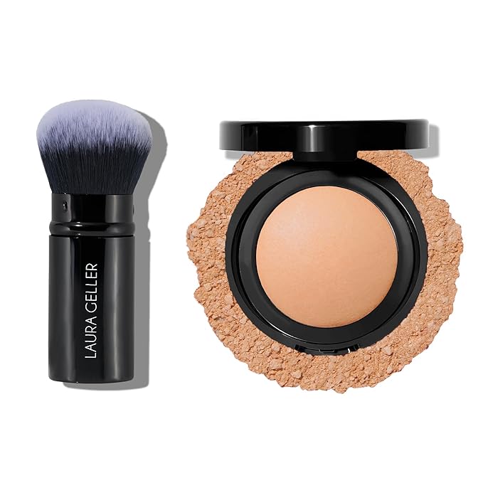 LAURA GELLER NEW YORK Baked Blurring + Setting Powder, Light/Medium and Retractable Airbrush Kabuki Brush 2PC