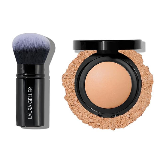 LAURA GELLER NEW YORK Baked Blurring + Setting Powder, Light/Medium and Retractable Airbrush Kabuki Brush 2PC