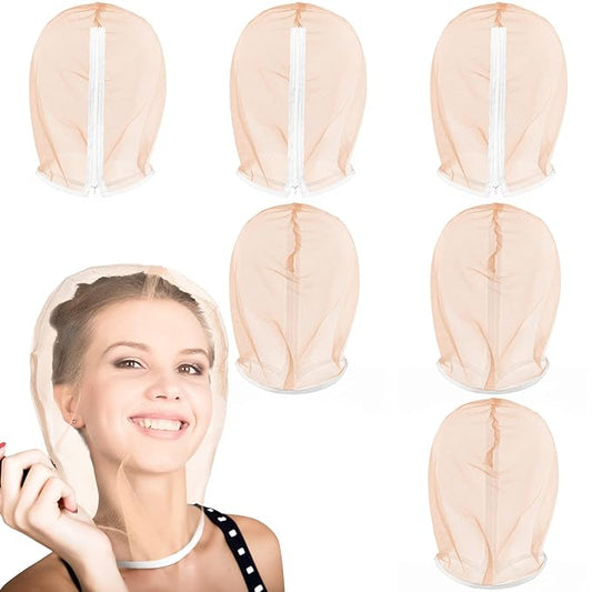 6 Pcs Makeup Protector Hood Washable Light Airy Nylon Chiffon Makeup Hood Zipper Closure Reusable Make up Face Cover for Women Girls Beauty Weddings (Nude)
