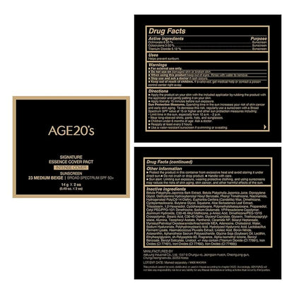 AGE20'S Signature Essence Pact SPF 50+ | Pack of 2 | 23 Medium Beige | Cream Foundation, Dewy Finish, Natural Coverage | Korean Cushion Foundation