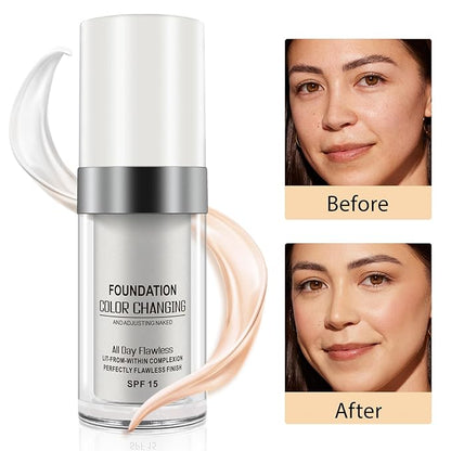 Color Changing Foundation, 2Pcs Base Makeup Foundation Color Changing with Moisturizing, Oil Control and SPF15, Full Coverage Concealer Hides Wrinkles & Lines