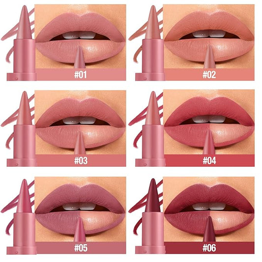 BONNIE CHOICE 6 Colors 2 in 1 Gradient Lip Liner and Lipstick Lip Combo Set, Matte Nude Red Lip Liner Creamy Lip Pencil Crayon, High Pigmented Long lasting Lipstick Makeup Gifts for Women