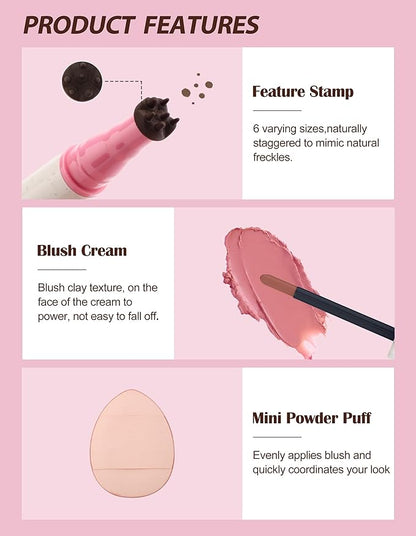 Freckle Pen and Liquid Blush Makeup Set, Freckle Stamp, Freckle Blush Liquid Pencil with Powder Puff, Freckles Tattoo, Waterproof Quick Dry Long Lasting, Natural Sun-kiss Face Makeup #01