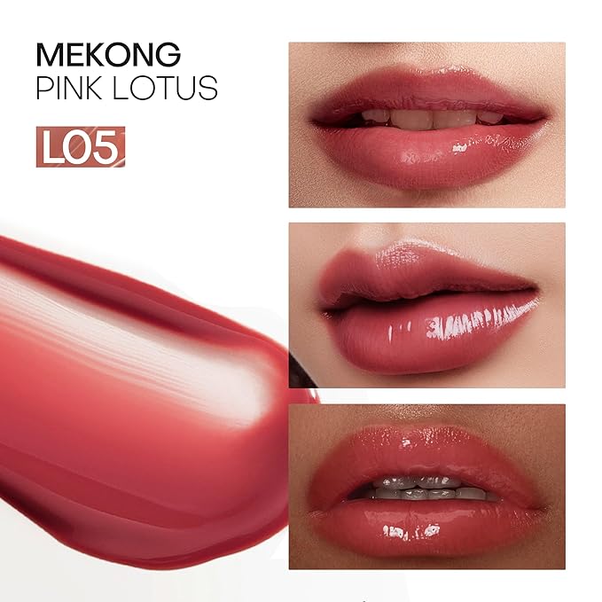 Mistine Lip Gloss Thai latte Long Lasting Lip Glaze Non-sticky Lip Tint Gloss with 1% Peptide Glossy Finish L05 Mekong Pink Lotus 0.1 fl oz 1 Count