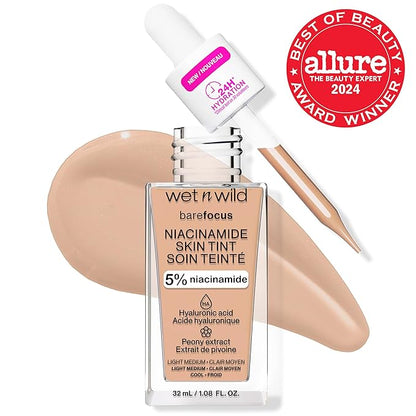 wet n wild Bare Focus Skin Tint, 5% Niacinamide Enriched, Buildable Sheer Lightweight Coverage, Natural Radiant Finish, Hyaluronic & Vitamin Hydration Boost, Cruelty-Free & Vegan-Light Medium