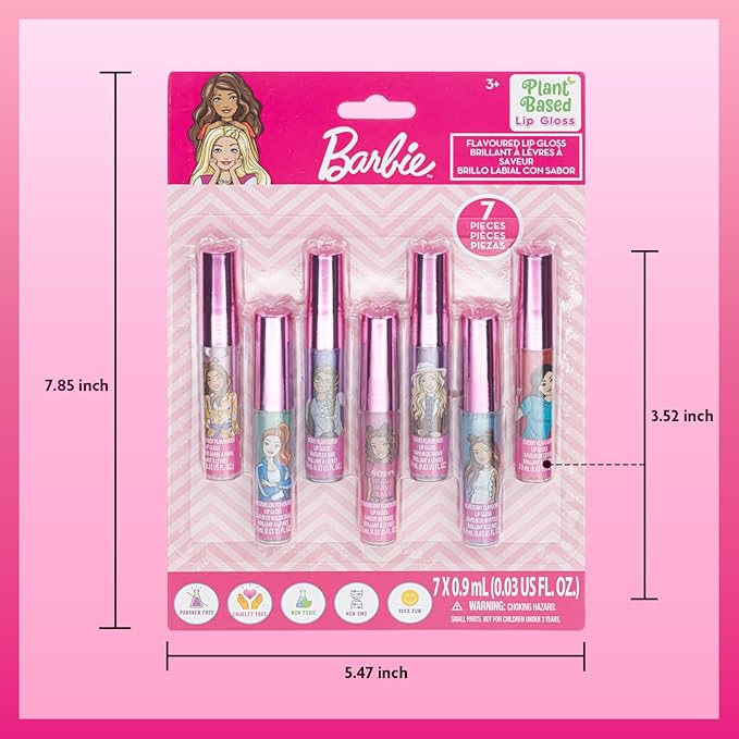 Barbie 7 Piece Plant Based Lip Gloss, Girls Party Favors, First Makeup Set for Girl, Perfect for Parties, Sleepovers, and Birthday Gifts, Ages 3+, by Townley Girl