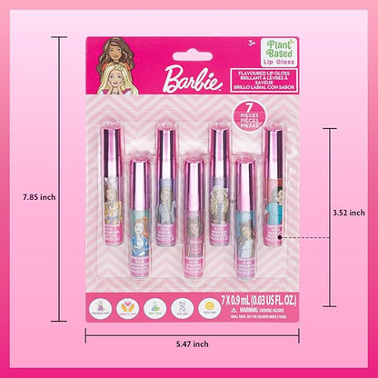 Barbie 7 Piece Plant Based Lip Gloss, Girls Party Favors, First Makeup Set for Girl, Perfect for Parties, Sleepovers, and Birthday Gifts, Ages 3+, by Townley Girl