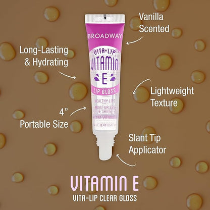 6 pcs Broadway Vita-Lip Gloss High Shine Long Lasting 2 Honey + 2 SHEA BUTTER + 2 Vitamin E Oil by RubyKisses Cosmetics