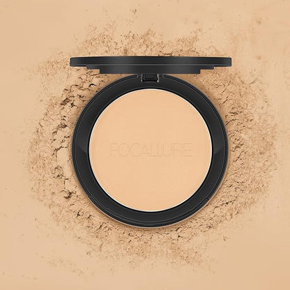 FOCALLURE Flawless Pressed Powder, Control Shine & Smooth Complexion, Pressed Setting Powder Foundation Makeup, Portable Face Powder Compact, Long-Lasting Matte Finish, Beige