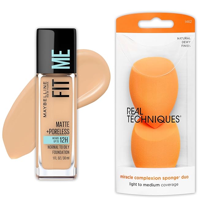 Maybelline Fit Me Matte + Poreless Liquid Foundation and Real Techniques Makeup Sponge Bundle, Includes 1 Foundation in Natural Beige and 2 Miracle Complexion Makeup Sponges