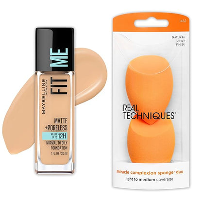 Maybelline Fit Me Matte + Poreless Liquid Foundation and Real Techniques Makeup Sponge Bundle, Includes 1 Foundation in Natural Beige and 2 Miracle Complexion Makeup Sponges