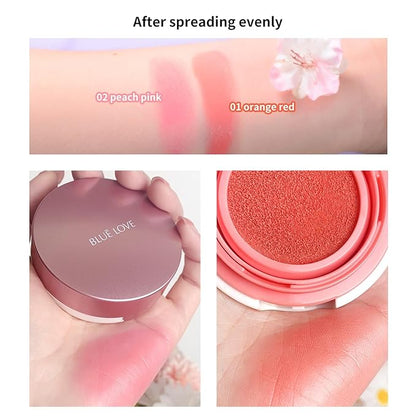 BLUE LOVE Cushion Liquid Blush - Silky Cream Formula for Cheeks, Natural Glow Makeup with Sheer Finish, for Contouring and Highlighting (02# Peach Pink)