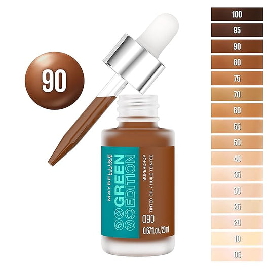 Maybelline Green Edition Superdrop Tinted Oil Base Makeup, Adjustable Natural Coverage Foundation Formulated With Jojoba & Marula Oil, 90, 1 Count