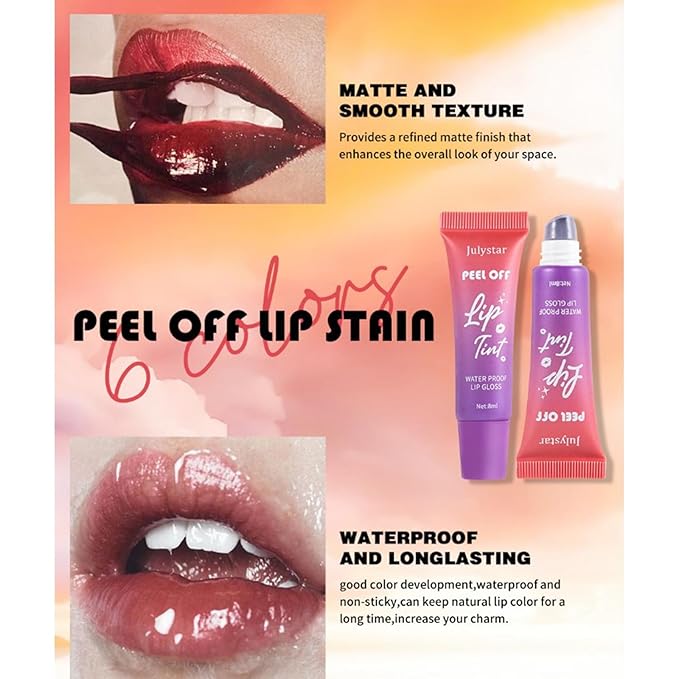 Peel Off Lip Stain Lip Tint 6 Colors, Fruity lip stain peel off, Tattoo Magic Color Lip Gloss Sets, Lip Oil for Women Colorful Glossy Lipstick Waterproof Long Lasting Make up Gift Set