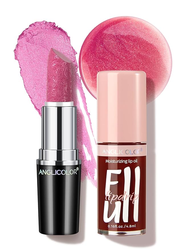 2PC Lip Oil and Metallic Glitter Pink Lipstick,Natural Lip Plumper,Fruit Flavoured Lip Oil,For Dry Lip's Moisturizing Hydrating,Vegan & Cruelty-free (03 Aphrodite+15)