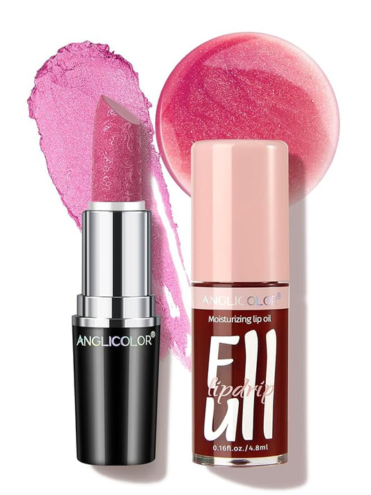 2PC Lip Oil and Metallic Glitter Pink Lipstick,Natural Lip Plumper,Fruit Flavoured Lip Oil,For Dry Lip's Moisturizing Hydrating,Vegan & Cruelty-free (03 Aphrodite+15)