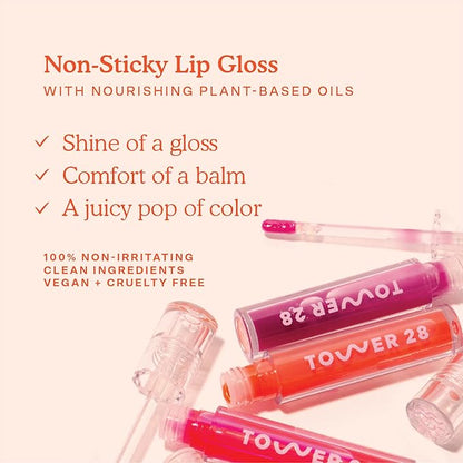 Tower 28 ShineOn Lip Jelly, XOXO, Non-Sticky, Hydrating Vegan Lip Gloss in Sheer Pink, Moisturizing Apricot and Raspberry Seed Oil, Clean, Cruelty Free