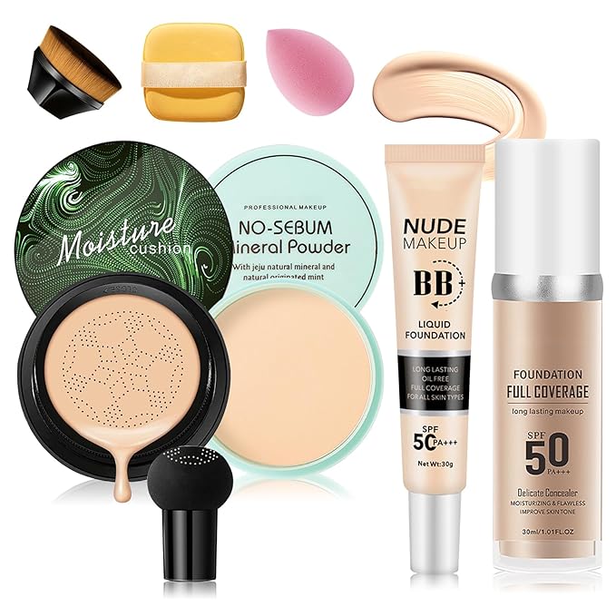 7PCS Mushroom Head Air Cushion CC Cream,Natural BB Cream Foundation Makeup,Moisturizing Colour Change Foundation,Loose Setting Powder Set with Makeup Sponges D