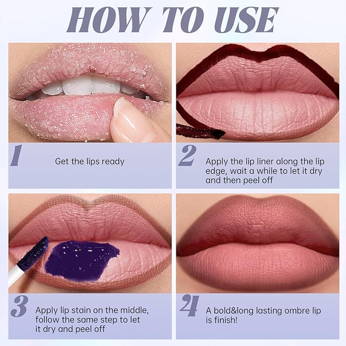 Peel Off Lip Liner and Lip Stain Set, Matte Lip Combo Set Brown Lips Liners Nude Pink Lip Tint for Gradient Plumping Big Lips Long Lasting Waterproof Liquid Tattoo Lip Gloss Kit Makeup