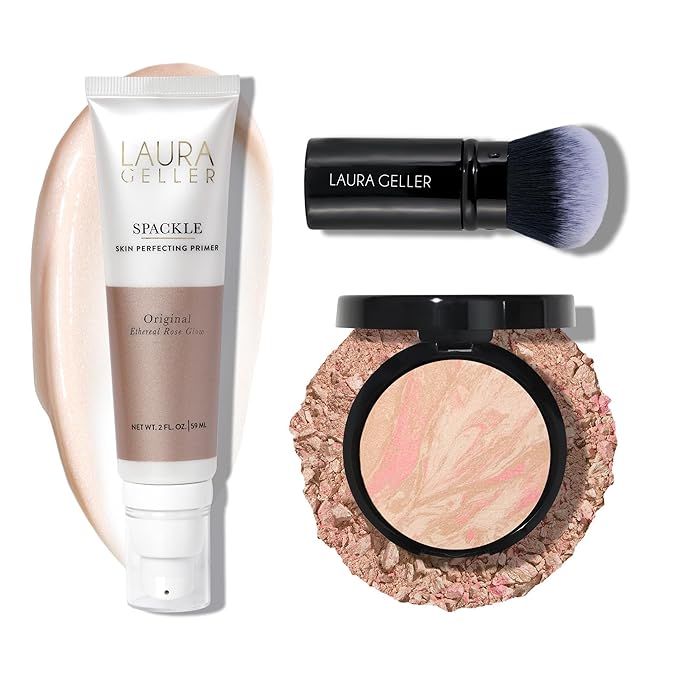 LAURA GELLER NEW YORK Baked Balance-n-Brighten Powder Foundation - Porcelain + Spackle Super-Size Skin Perfecting Makeup Primer - Ethereal Rose Glow + Retractable Airbrush Kabuki Brush