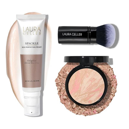 LAURA GELLER NEW YORK Baked Balance-n-Brighten Powder Foundation - Porcelain + Spackle Super-Size Skin Perfecting Makeup Primer - Ethereal Rose Glow + Retractable Airbrush Kabuki Brush