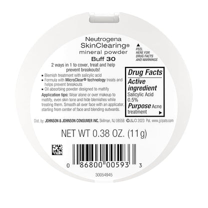 Neutrogena SkinClearing Mineral Acne-Concealing Pressed Powder Compact, Shine-Free & Oil-Absorbing Makeup with Salicylic Acid to Cover, Treat & Prevent Acne Breakouts, Buff 30, .38 oz (Pack of 2)
