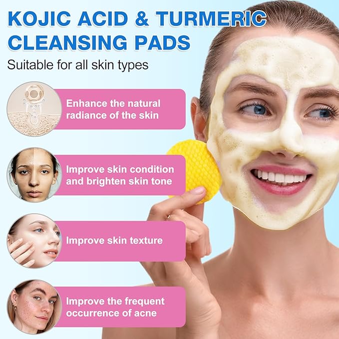 Turmeric Cleansing Pads Kojic Acid Turmeric Cleansing Pads, Face Turmeric & Kojic Acid Pads for Dark Spots, Glow Up Acne Scars, Unclog Pores, Enriched Vitamin C,Gentle & Non-Irritating