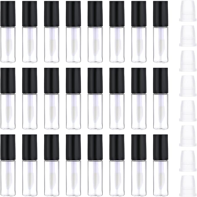 24 PCS Empty Lip Gloss Tubes, 1.2ml Clear Lip Gloss Tubes with Wand, Plastic Refillable Lip Balm Gloss Containers Clear Cosmetic Containers Bottles for DIY Makeup Lipgloss Making Kit(Black Cap)
