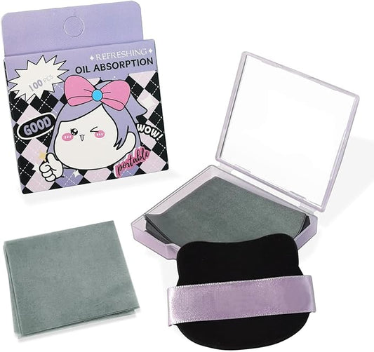 BOROLA 3-in-1 Cute Girl Bamboo Charcoal Oil Blotting Paper Set for Face 100 Sheets Oil Absorbing Sheet with Portable Mirror & Adhesive Makeup Puff, Blotting Paper for Oily Skin, Design for Men & Women