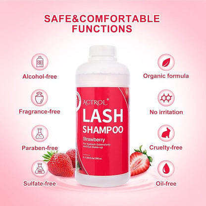 Eyelash Extension Cleanser Strawberry 1L Natural Lash Extension Shampoo Professional Eyelid Foaming Cleanser Paraben & Sulfate Free Non-lrritating with Salon and Home Care